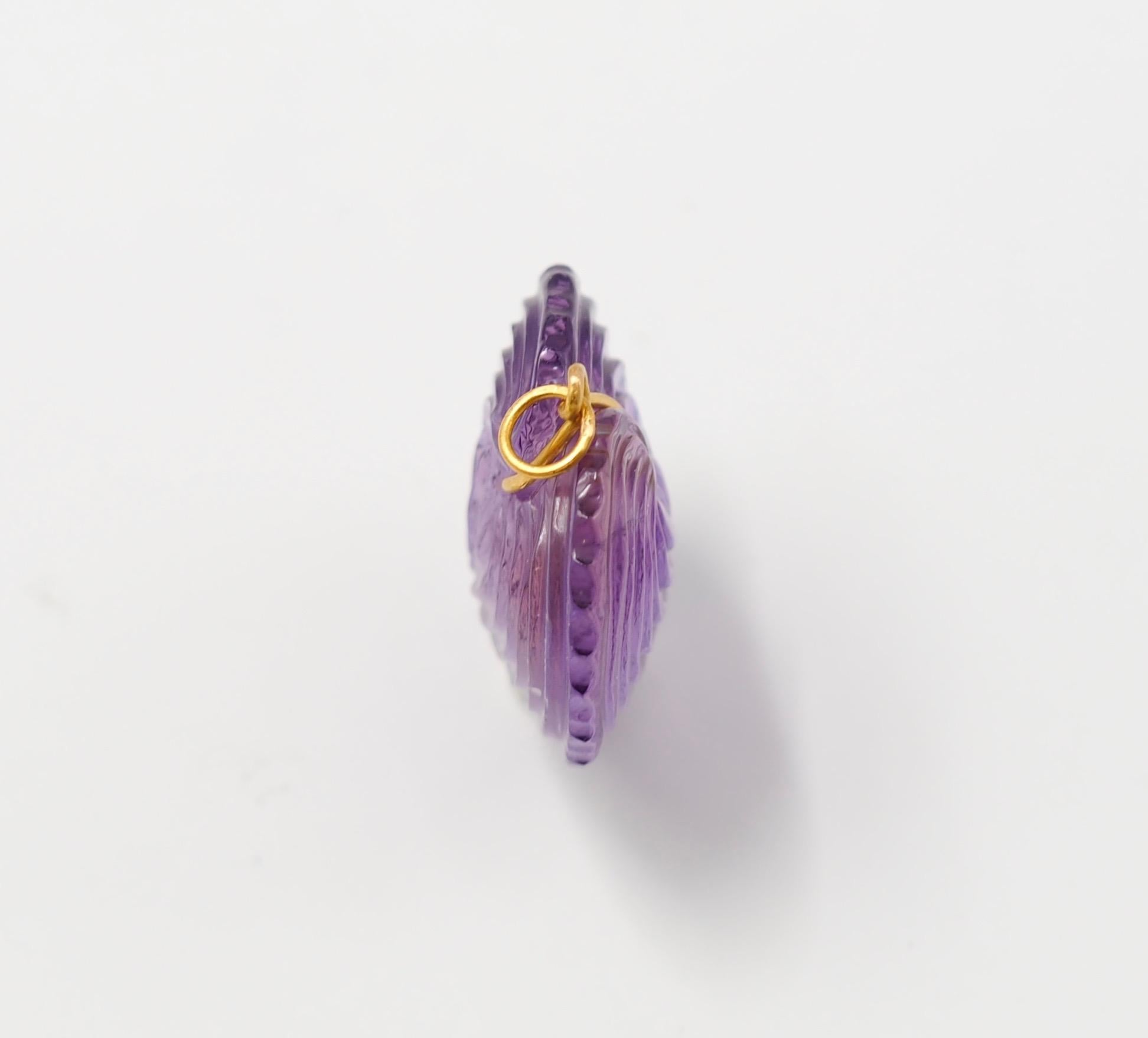 Tumbled Hand Carved Amethyst Large Heart Shell 22 Karat Gold Pendant For Sale