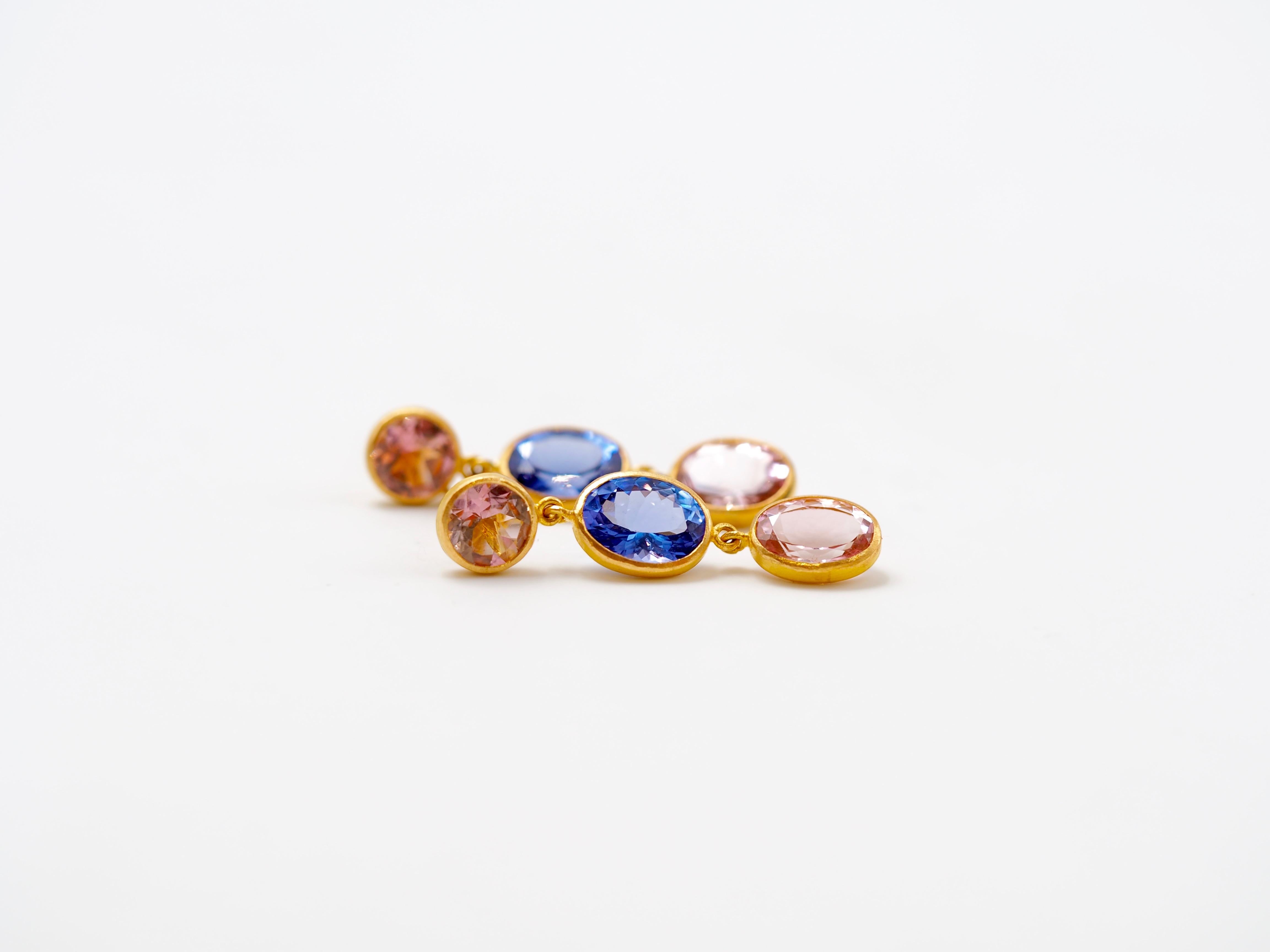 Contemporary Scrives Tanzanite Pink Tourmaline Oval 22 karat Gold Handmade Stud Earrings For Sale