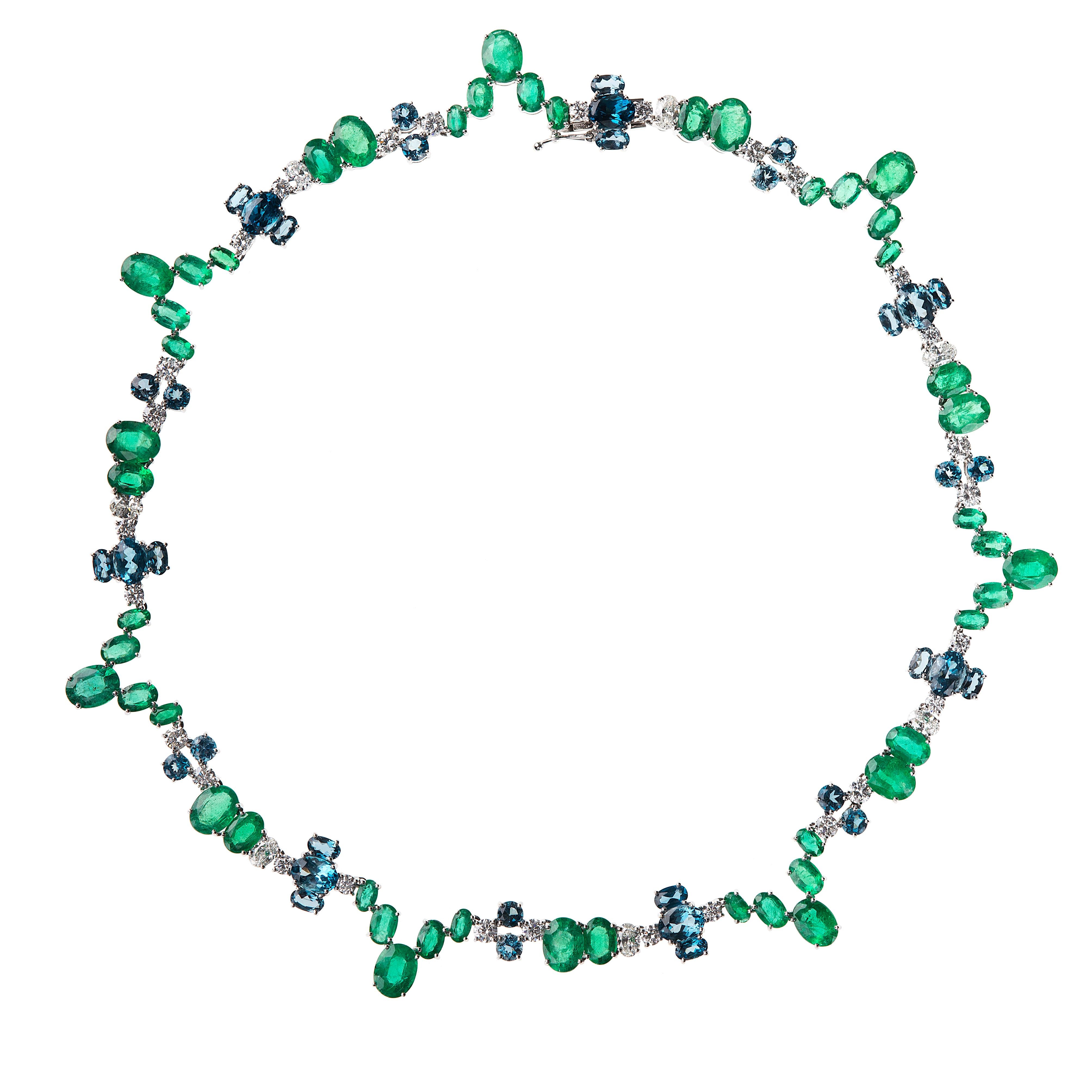 Nikos Koulis 18 Karat White Gold Emerald White Diamond Blue Topaz Necklace For Sale