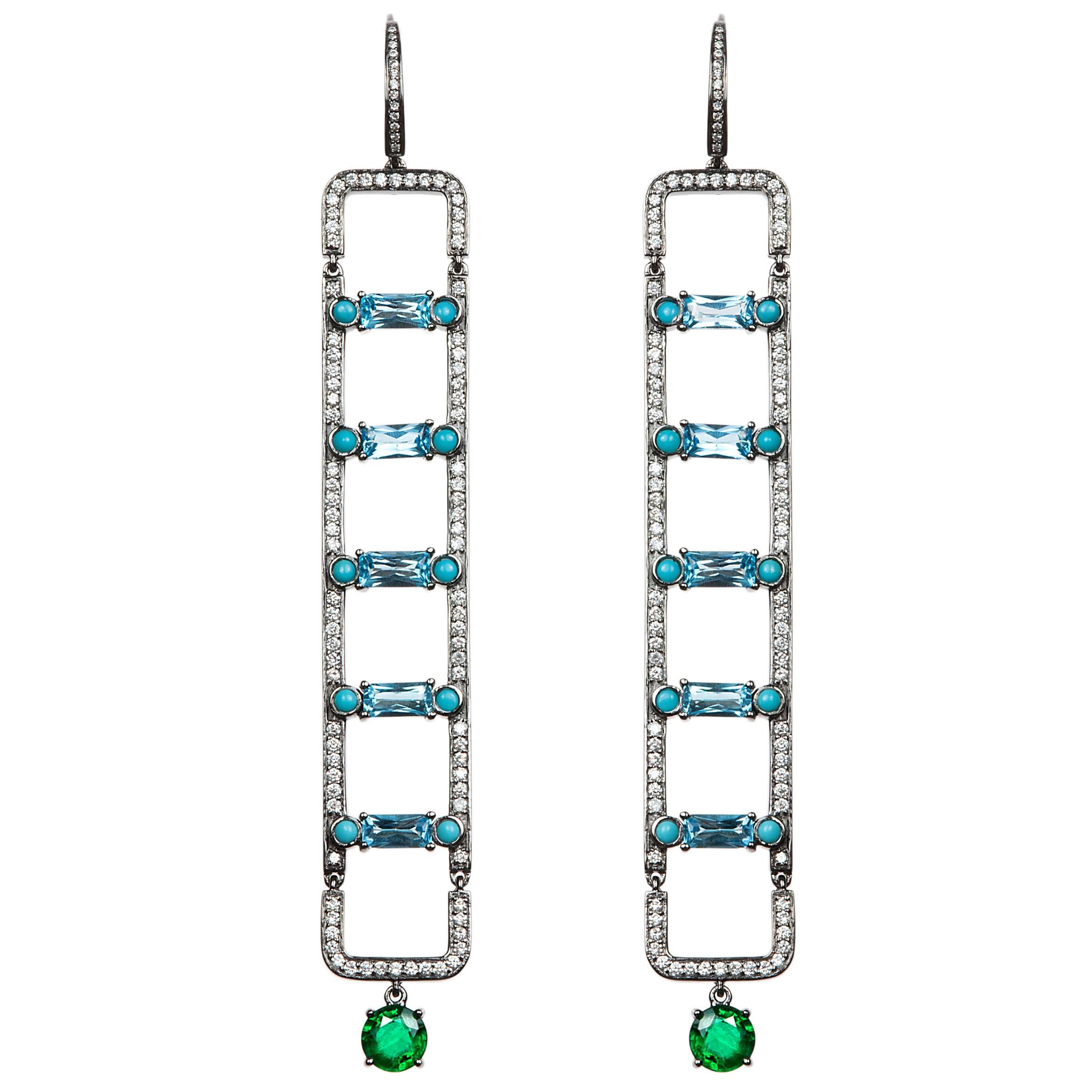 Nikos Koulis 18 Karat White Gold White Diamond Emerald Turquoise Topaz Earrings For Sale