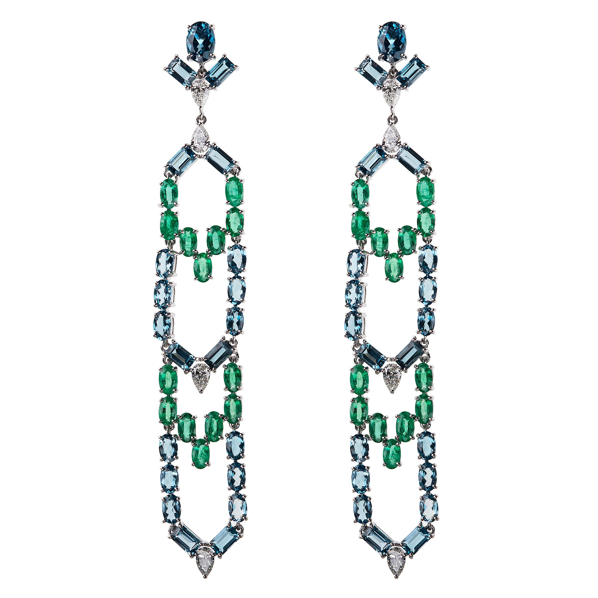 Nikos Koulis 18 Karat White Gold White Diamond Emerald Blue Topaz Earrings For Sale