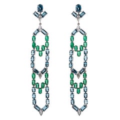 Nikos Koulis 18 Karat White Gold White Diamond Emerald Blue Topaz Earrings