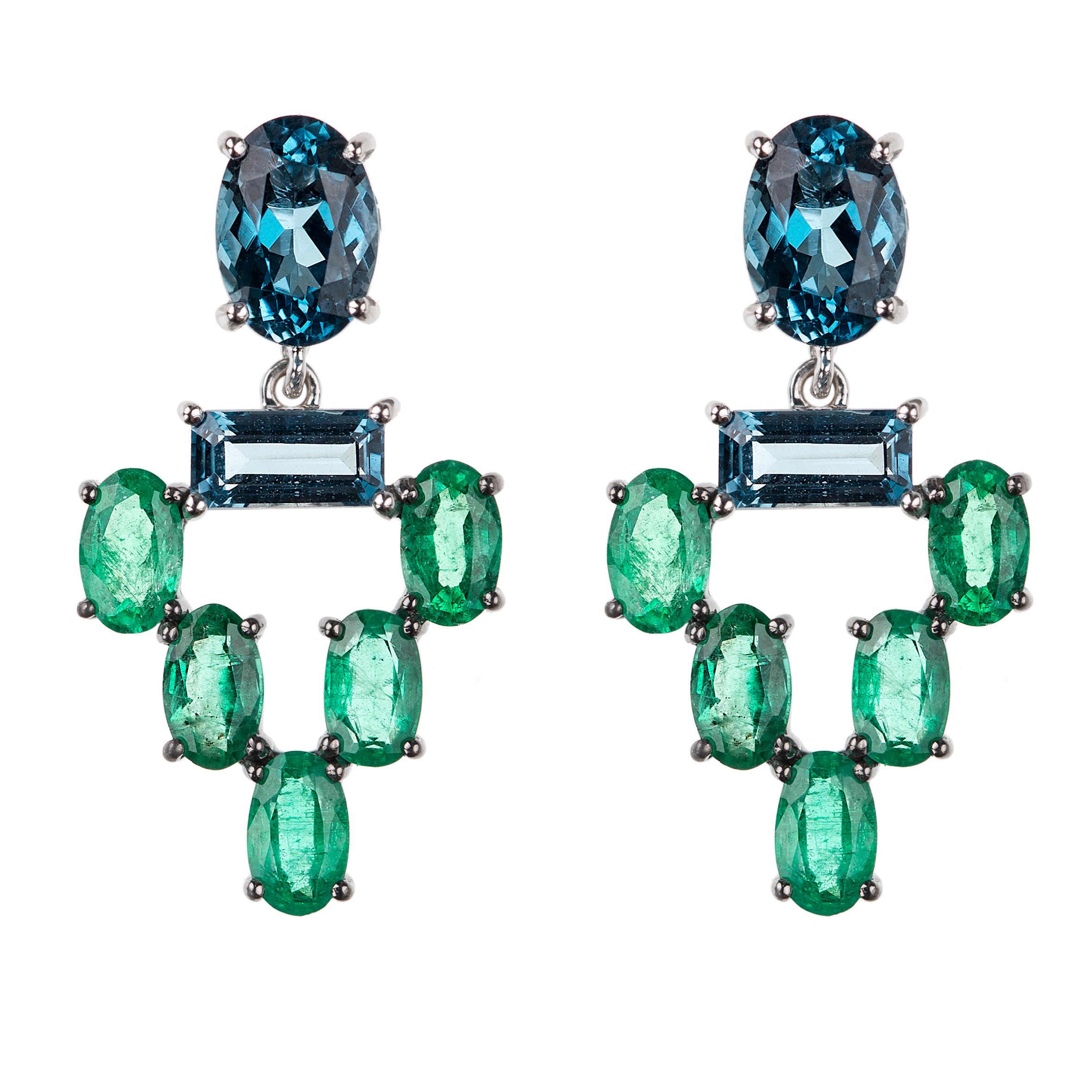 Nikos Koulis 18 Karat White Gold Emerald Blue Topaz Earrings For Sale