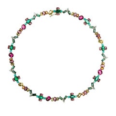 Nikos Koulis 18 Kt Yellow Gold Emerald White Diamond Paraiba Sapphire Necklace