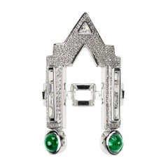 Nikos Koulis 18 Karat White Gold White Diamond Emerald Cabochon Cocktail Ring