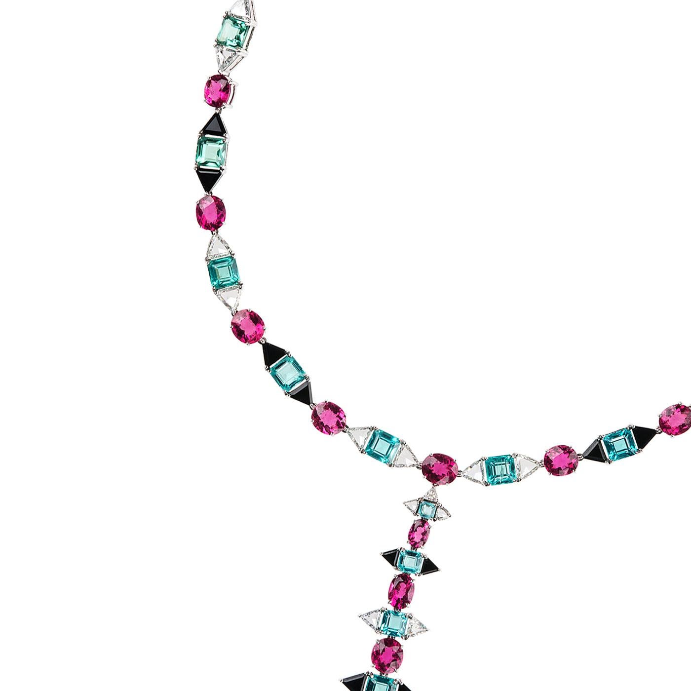 Nikos Koulis Eden Collection one-of-a-kind necklace 18Κ white gold multicolour necklace with 8.55 cts rose cut trillion white diamonds, 20.77 cts rubellites, 24.77 apatites and 6.18 cts black onyx