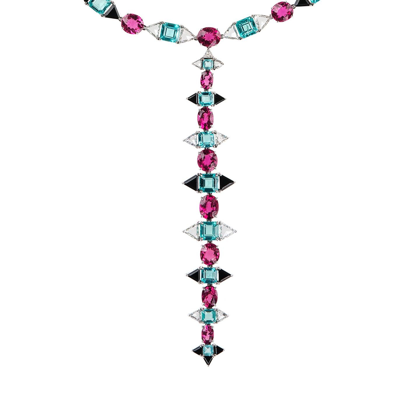 Nikos Koulis 18 Karat White Gold White Diamond Rubellite Apatite Onyx Necklace (Zeitgenössisch) im Angebot