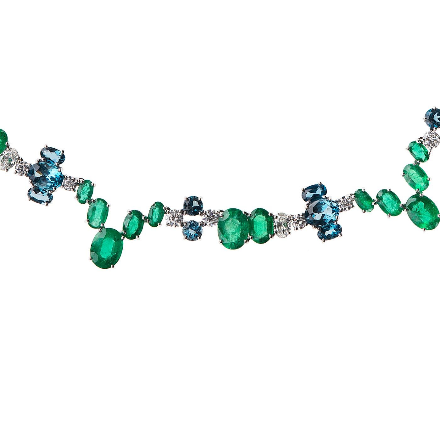 Nikos Koulis Eden collection one-of-a-kind 18K white gold necklace with 32.23 cts emeralds, 5.38 cts white diamonds, 16.31 cts london blue topazes