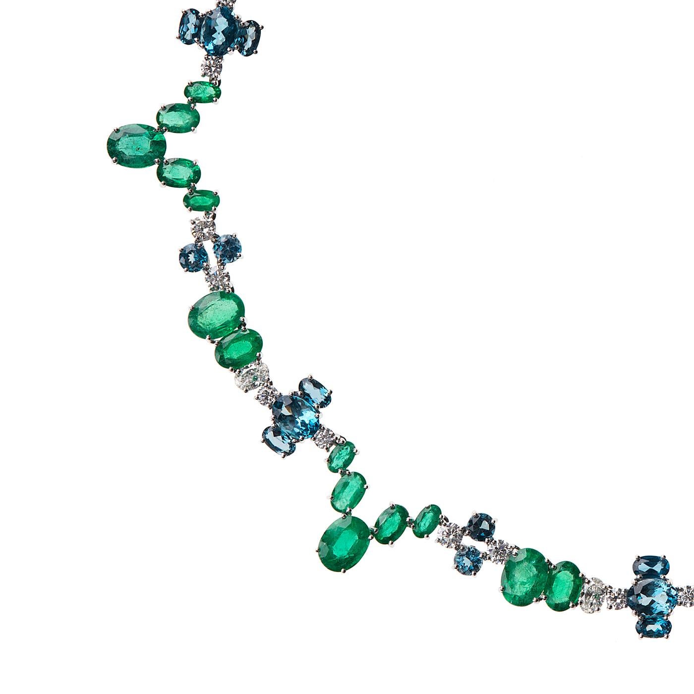 Contemporary Nikos Koulis 18 Karat White Gold Emerald White Diamond Blue Topaz Necklace For Sale