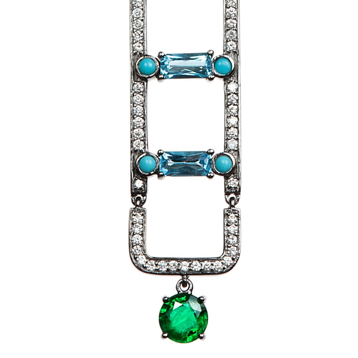 Nikos Koulis Eden Collection one-of-a-kind 18K white gold earrings with 1.38 cts white diamonds, 1.4 cts emeralds, 4.5 cts blue topazes, 0.5 cts turquoises