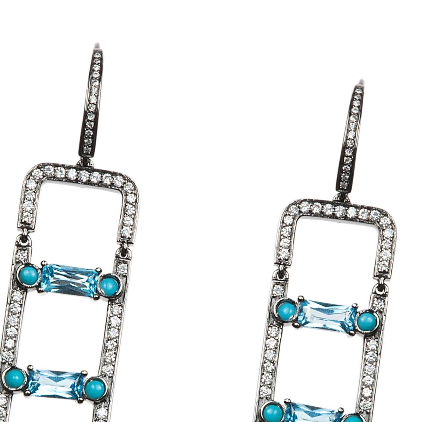 Contemporary Nikos Koulis 18 Karat White Gold White Diamond Emerald Turquoise Topaz Earrings For Sale