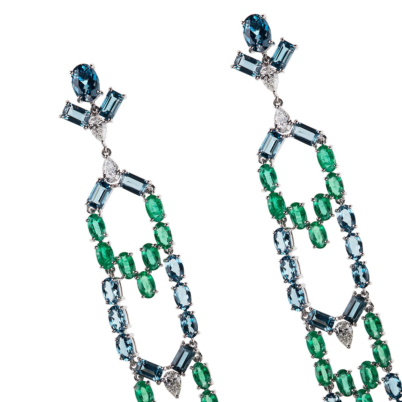 Nikos Koulis Eden collection one-of-a-kind 18K white gold earrings with 6.20 cts emeralds, 1.50 cts white diamonds, 15.41 cts London blue topazes