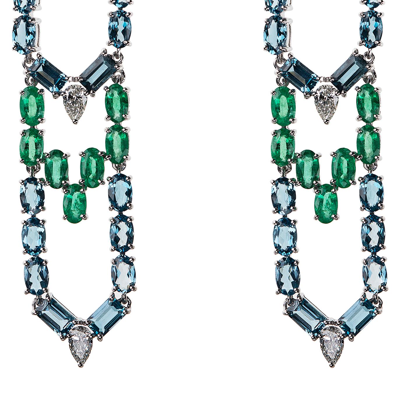 Contemporary Nikos Koulis 18 Karat White Gold White Diamond Emerald Blue Topaz Earrings For Sale