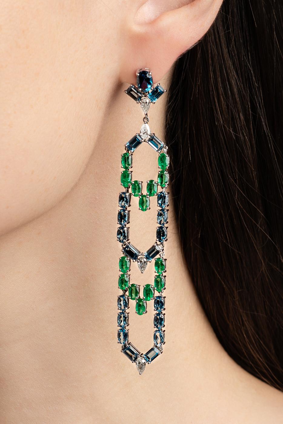 Nikos Koulis 18 Karat White Gold White Diamond Emerald Blue Topaz Earrings In New Condition For Sale In Athens, Attic