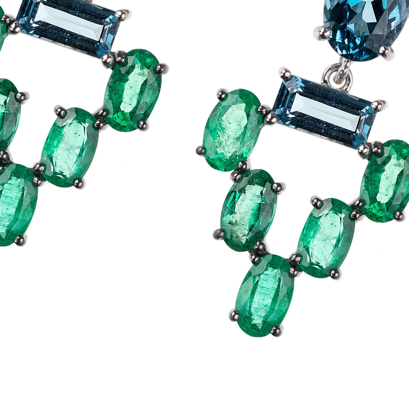 Nikos Koulis Eden Collection 18K white gold earrings with 2.25 cts emeralds and 2.80 cts London blue topazes