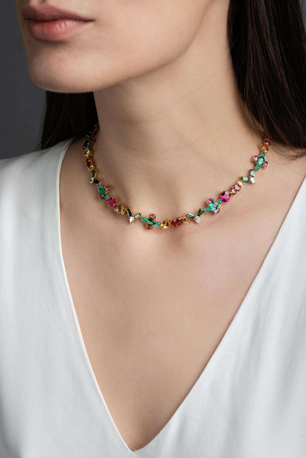 Women's Nikos Koulis 18 Kt Yellow Gold Emerald White Diamond Paraiba Sapphire Necklace For Sale