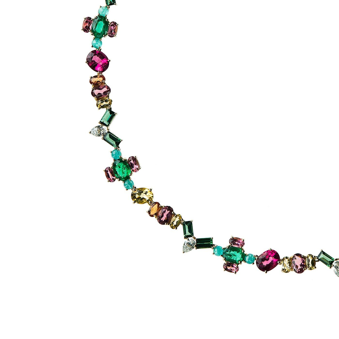 Nikos Koulis Eden Collection one-of-a-kind 18K yellow gold necklace with 2.15 cts with 6.15 cts emeralds, 2.15 cts white diamonds, 2.69 cts paraibas, 2.41 cts orange sapphires, 1.75 cts yellow sapphires, 5.59 cts green beryls, 4.27 cts pink beryls