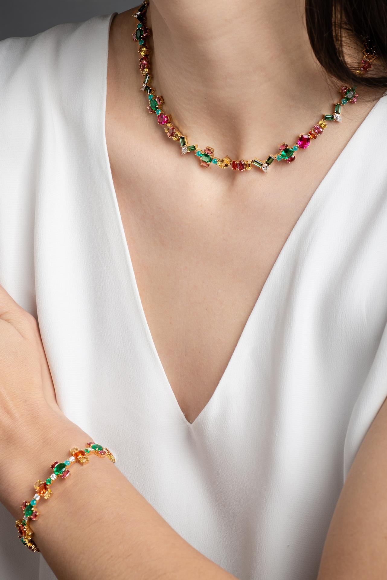 Women's Nikos Koulis 18 Karat Yellow Gold Emerald Orange Sapphire Tourmaline Bracelet For Sale