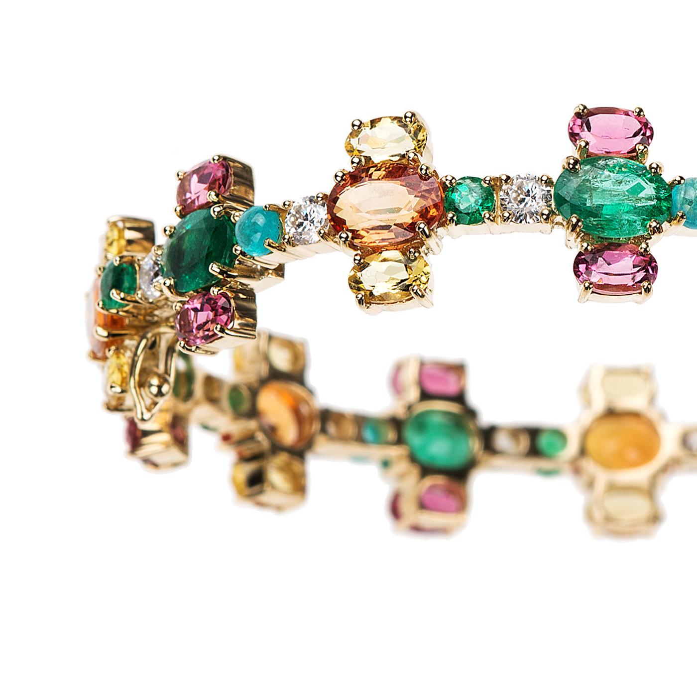 Nikos Koulis Eden Collection one-of-a-kind 18K yellow gold bracelet with 4.78 cts emeralds, 7.13 cts orange sapphires, 3.45 cts pink tourmalines, 2.85 cts yellow beryls, 1.54 cts white diamonds, 0.97 cts paraibas