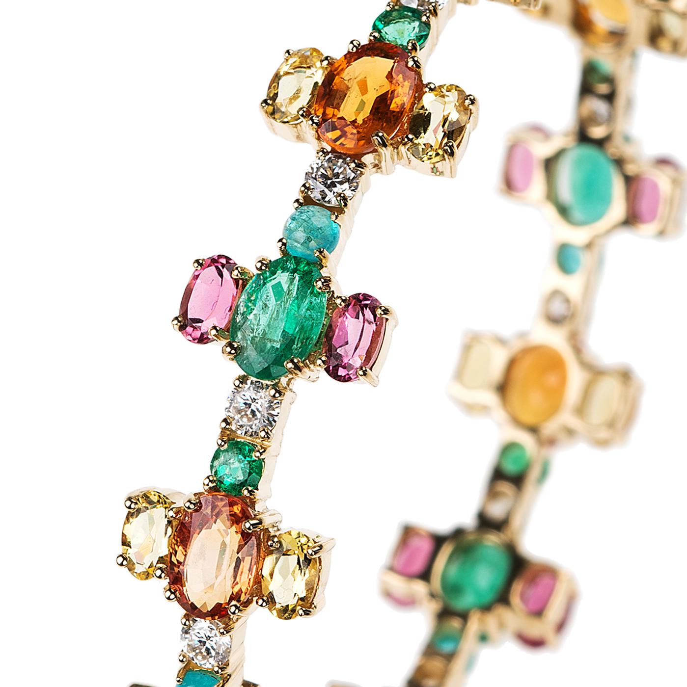 Contemporary Nikos Koulis 18 Karat Yellow Gold Emerald Orange Sapphire Tourmaline Bracelet For Sale