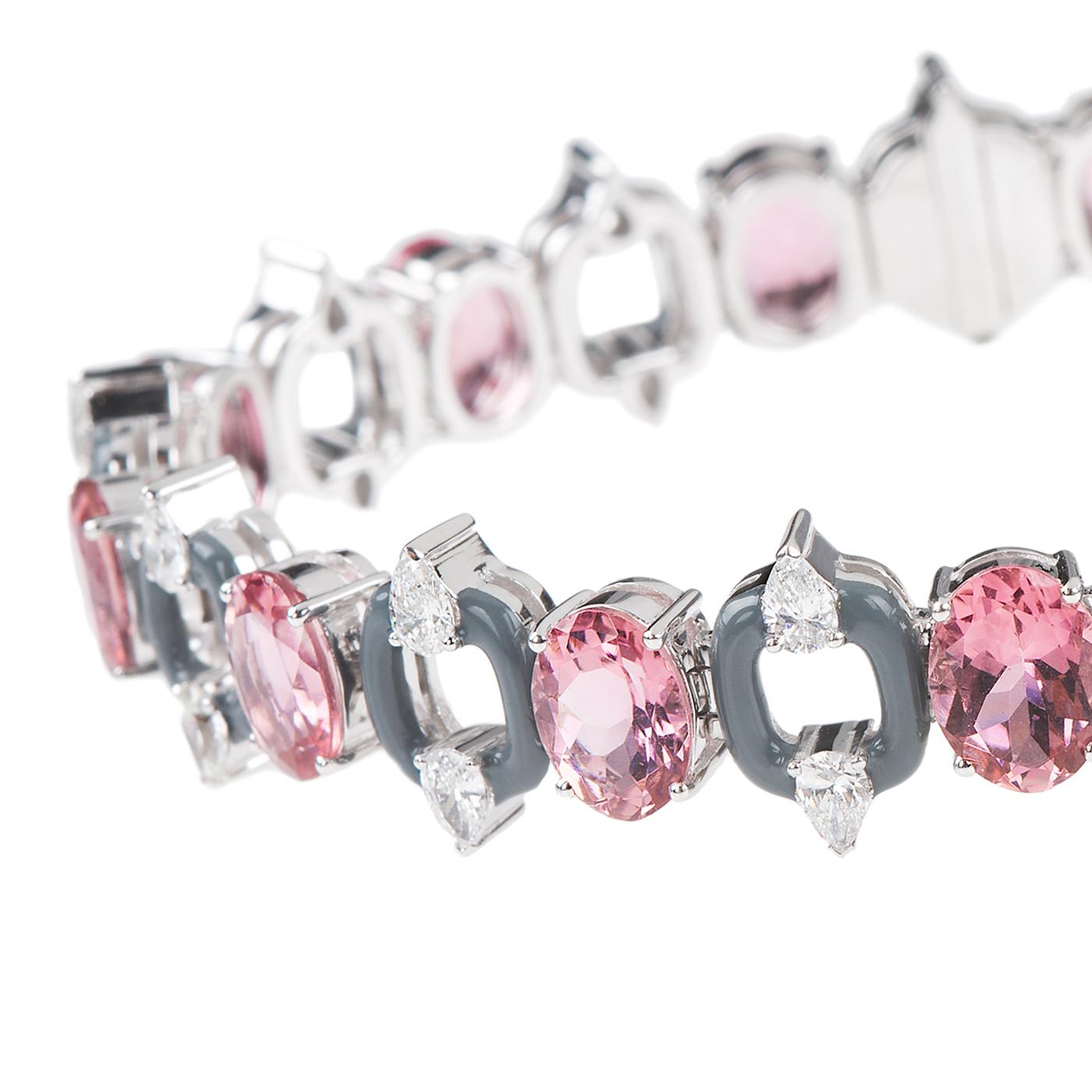 Nikos Koulis Oui Collection one-of-a-kind 18K white gold tennis bracelet with 16.34 cts pink tourmalines, 2.63 cts pear shape white diamonds and grey enamel