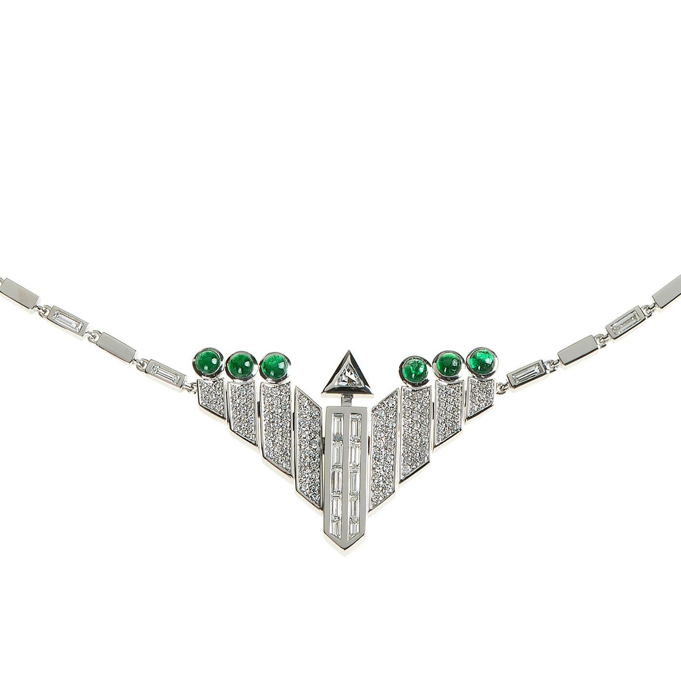 Nikos Koulis Universe line K18 white gold necklace with 1.23 cts white diamond baguettes, 0.86 cts white diamonds, 0.10 cts trillion white diamonds, 1.05 cts emeralds