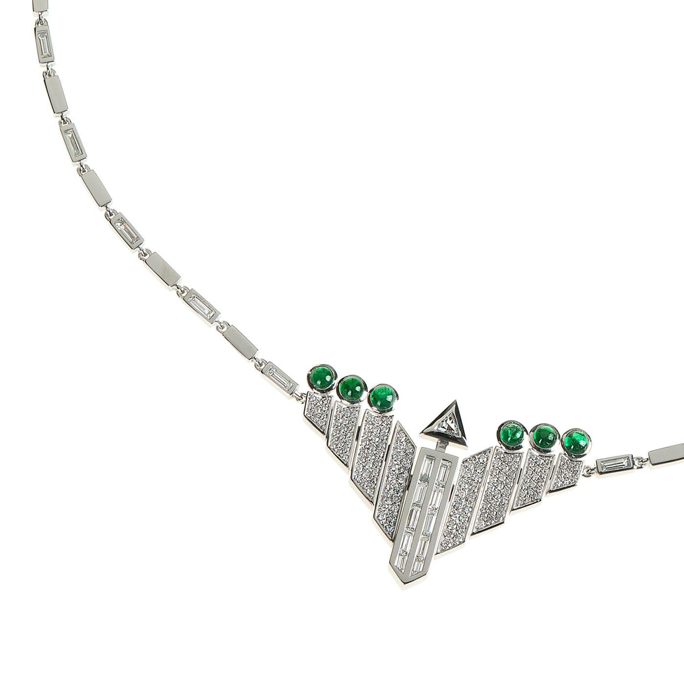 Nikos Koulis 18 Karat White Gold White Diamond emerald Necklace (Art déco) im Angebot