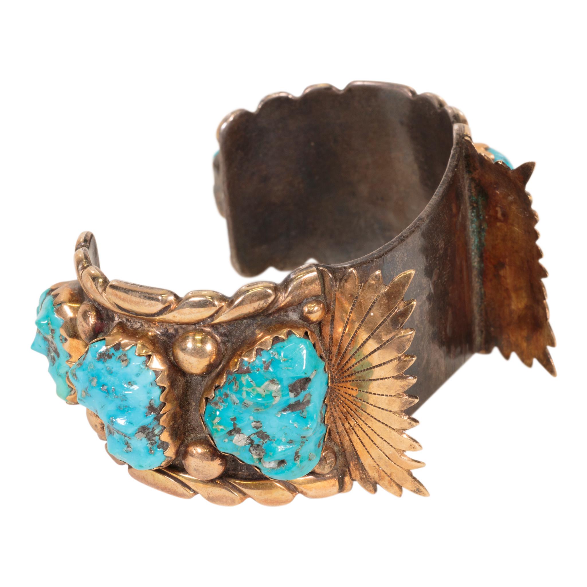 Old Mine Cut Navajo Turquoise and Gold Bracelet, Ring, Bolo and Buckle Set For Sale