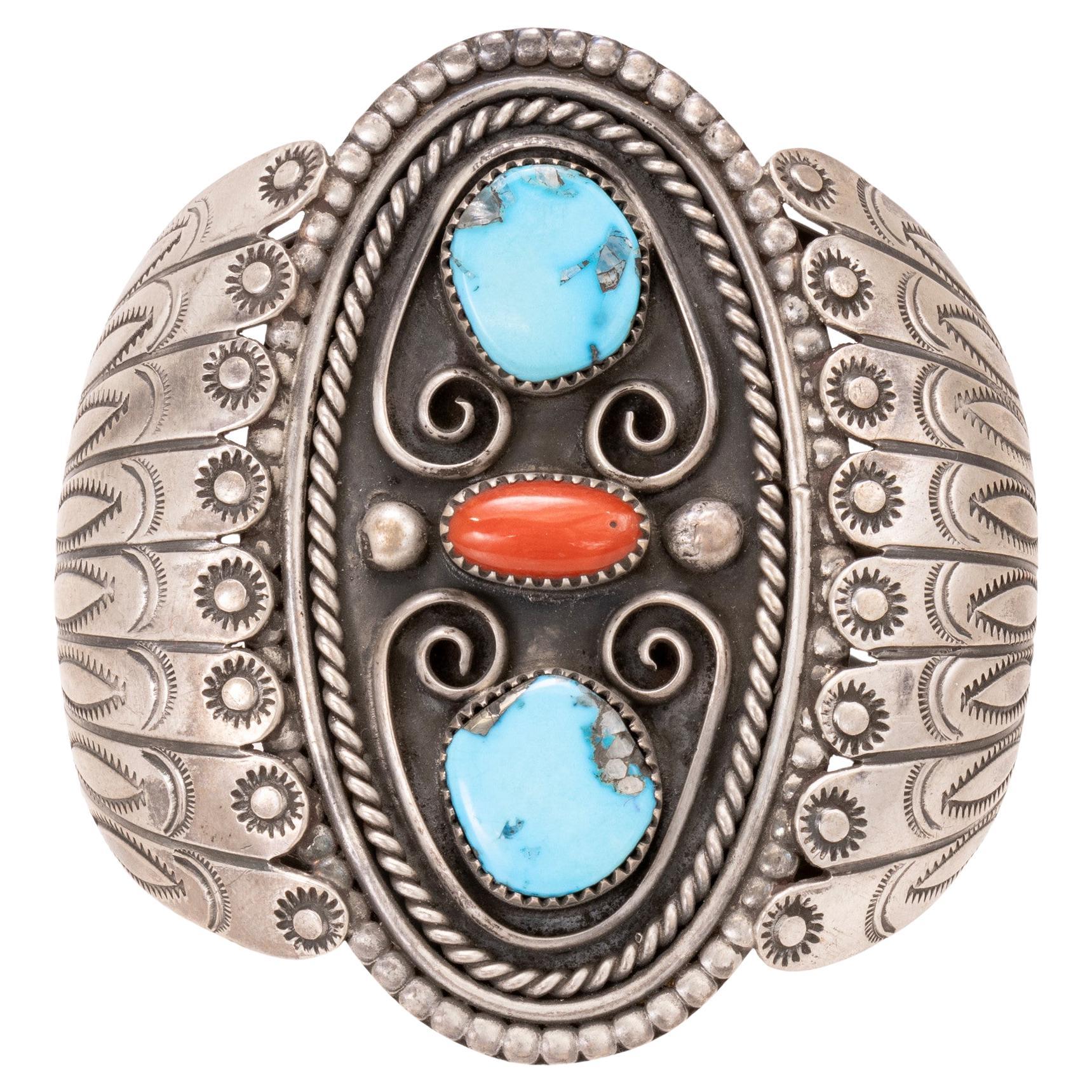 Bracciale d'argento in turchese e corallo Navajo