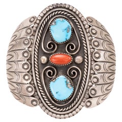 Navajo Turquoise and Coral Silver Bracelet