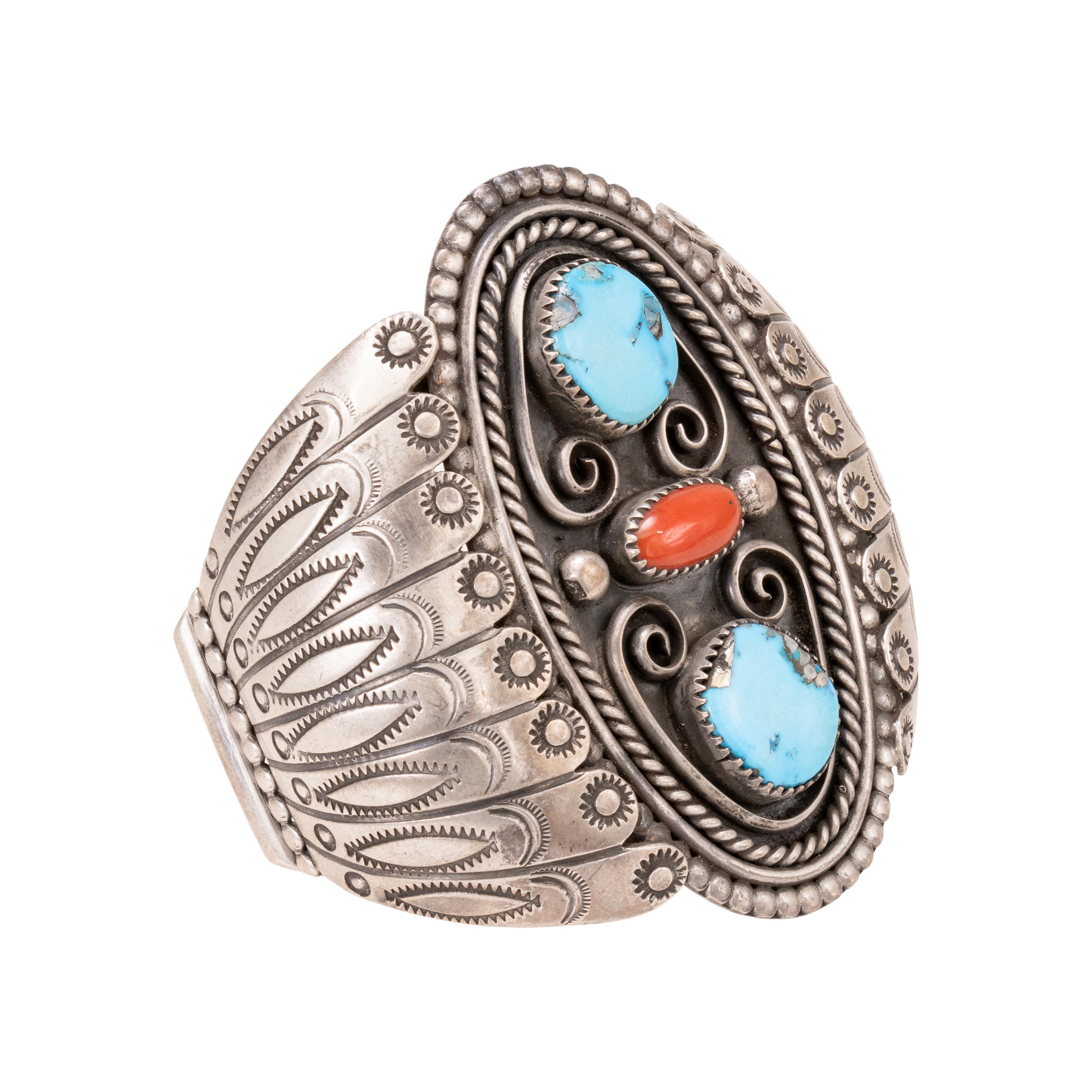 Taglio vecchia miniera Bracciale d'argento in turchese e corallo Navajo in vendita