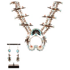 Vintage Zuni Inlay Thunderbird Squash Blossom Necklace and Earrings Set
