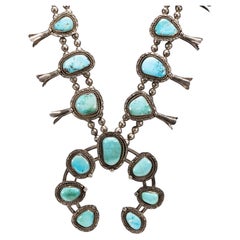 Navajo Sterling Silver and Turquoise Squash Blossom Necklace and Bracelet Set