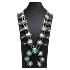 Navajo Sterling Silver and Turquoise Squash Blossom Necklace and Bracelet Set