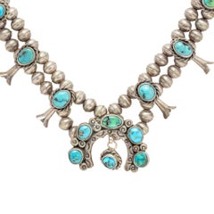 Native American Sterling Silver and Turquoise Petite Squash Blossom Necklace