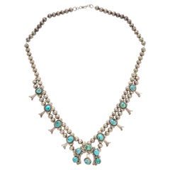 Native American Sterling Silver and Turquoise Petite Squash Blossom Necklace