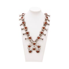 Vintage Navajo Red Coral and Sterling Silver Squash Blossom Necklace