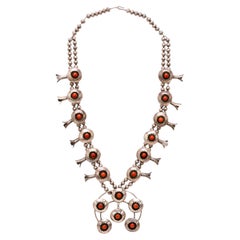 Vintage Navajo Red Coral and Sterling Silver Squash Blossom Necklace