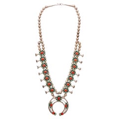 Navajo Turquoise and Coral Sterling Silver Squash Blossom Necklace