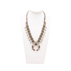 Navajo Turquoise and Coral Sterling Silver Squash Blossom Necklace
