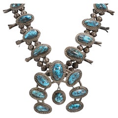 Native American Easter Blue Turquoise and Sterling Silver Squash Blossom Necklac