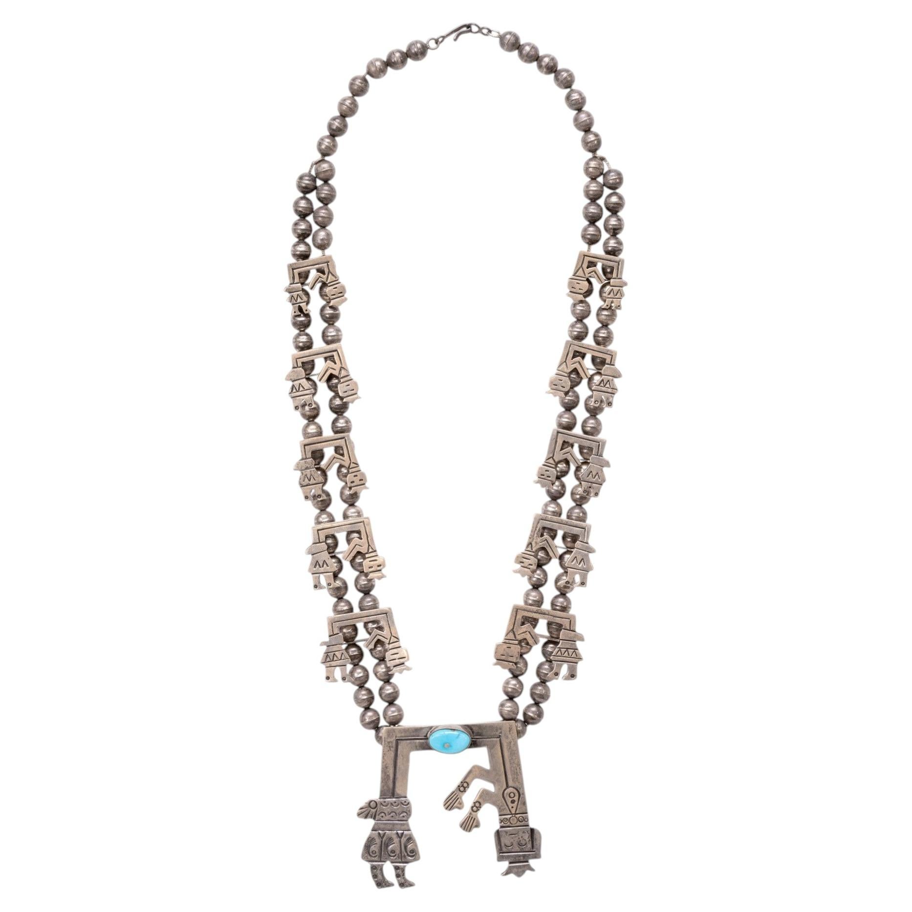 Navajo Rainbow Yei Sterling Silver Squash Blossom Necklace For Sale