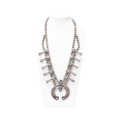 Navajo Sterling Silver and Turquoise Squash Blossom Necklace