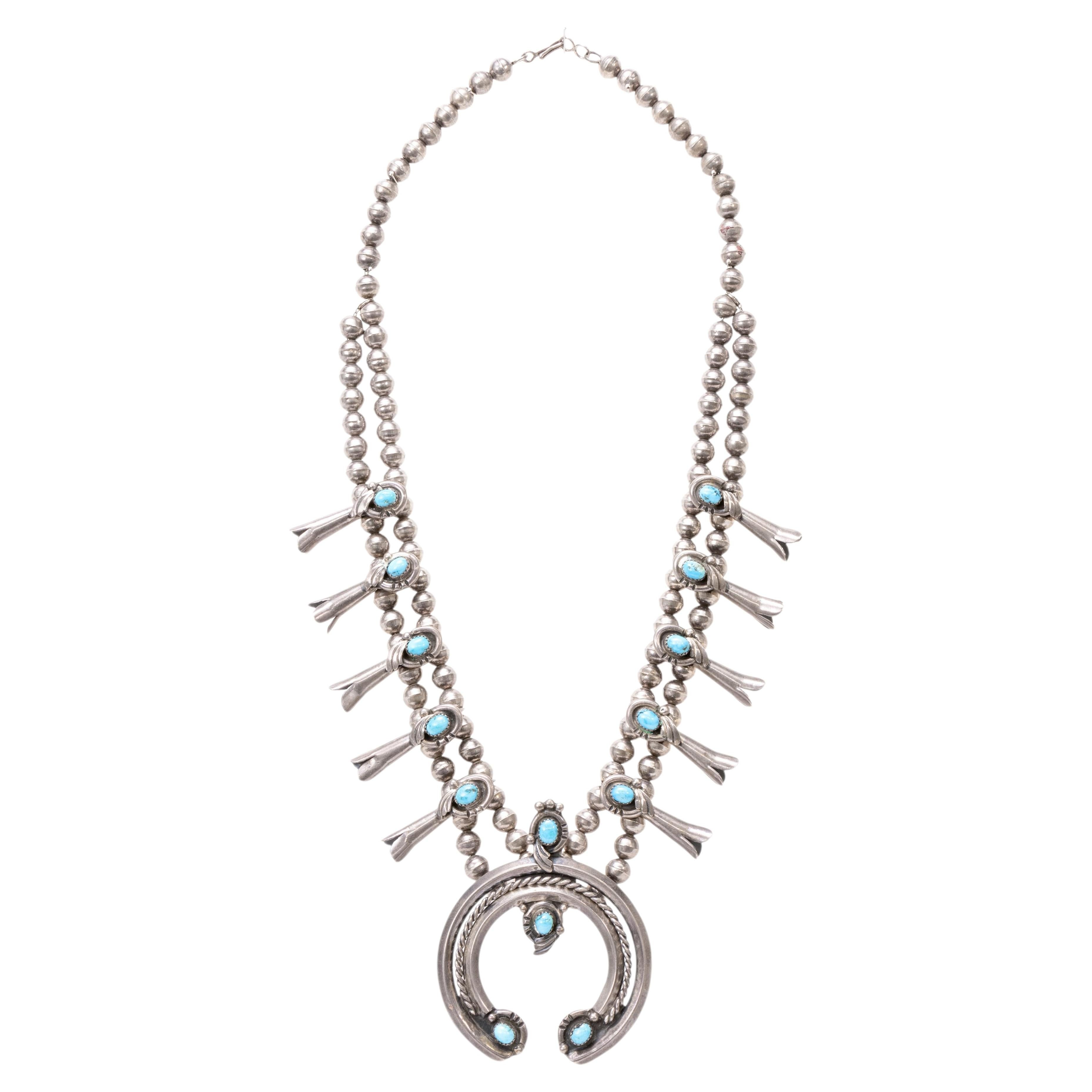 Navajo Sterling Silver and Turquoise Squash Blossom Necklace