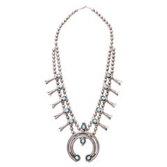 Navajo Sterling Silver and Turquoise Squash Blossom Necklace