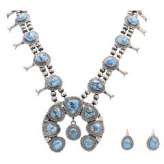Navajo Golden Hill Turquoise and Sterling Silver Squash Blossom Set