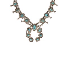 Vintage Navajo Kingman Turquoise and Sterling Silver Squash Blossom Necklace