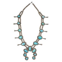 Vintage Navajo Turquoise and Sterling Silver Squash Blossom Necklace