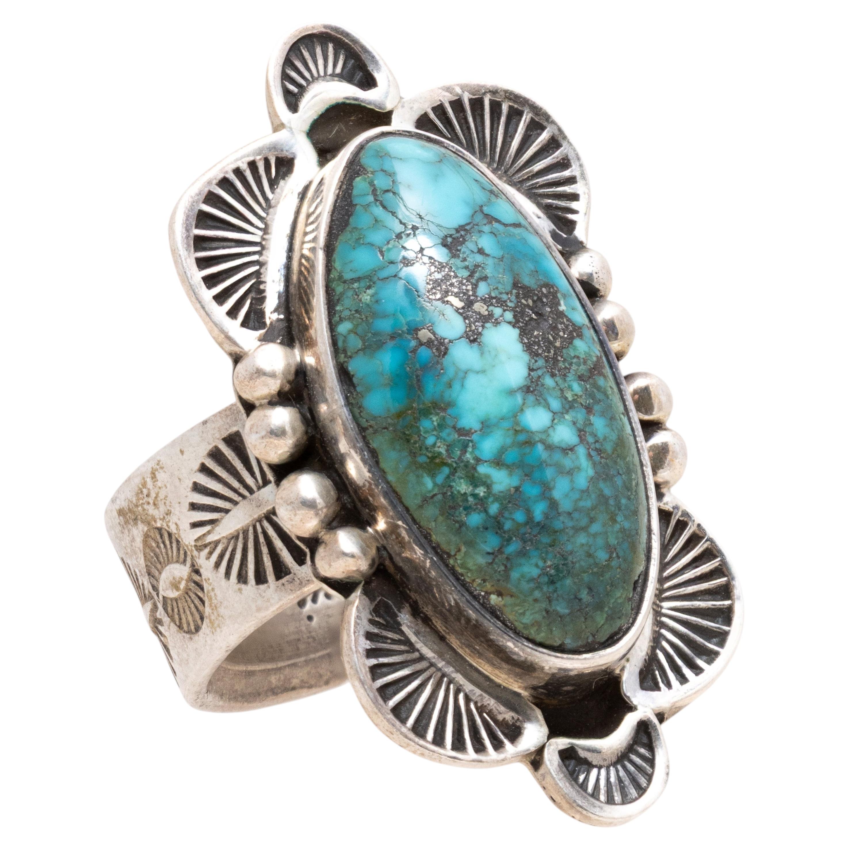 Navajo Darrell Yonnie Turquoise and Sterling Silver Ring For Sale