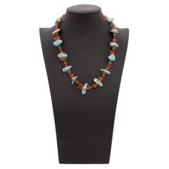 Santa Domingo Turquoise and Red Coral Beaded Necklace